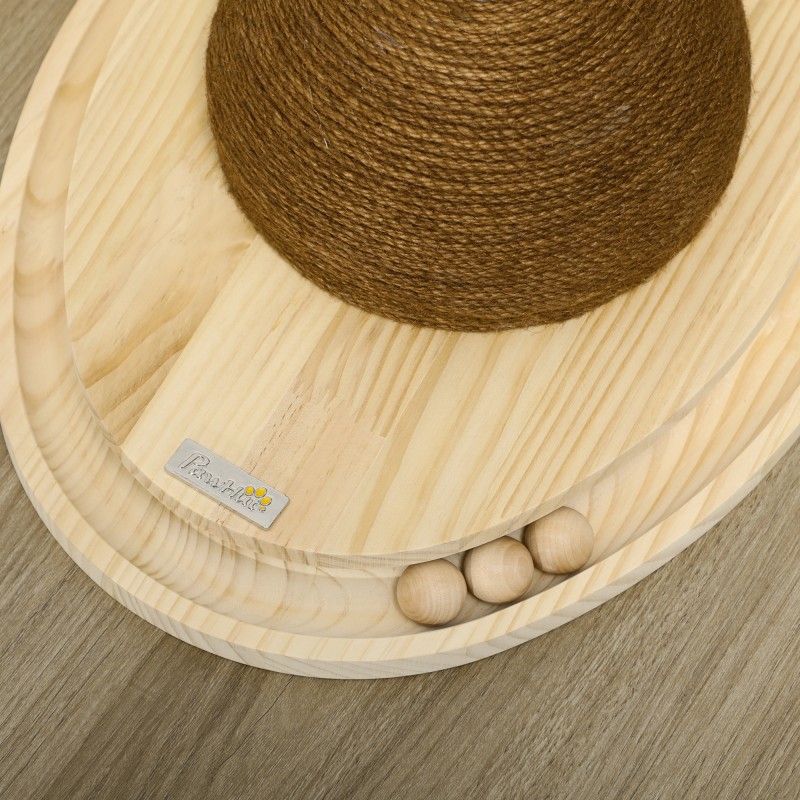 Interaktiivinen kissan lelu raapimisalustalla ja ovaalilla palloradalla mäntyä 39,5 x 32,5 x 14,5 cm luonnonpuu