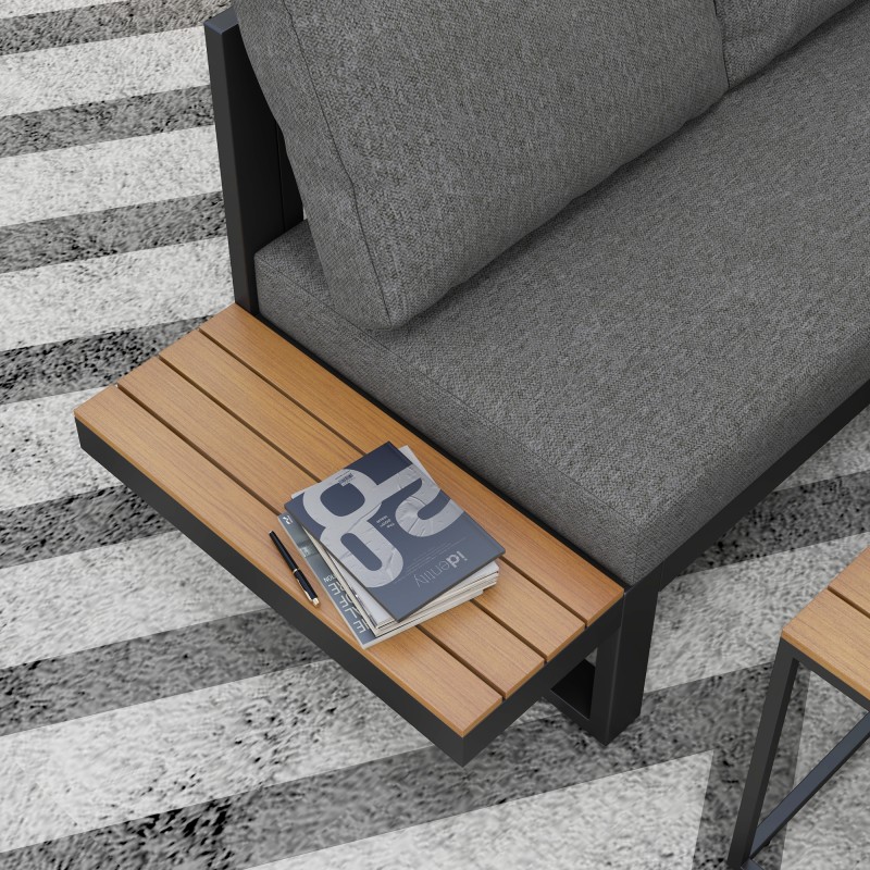 Ulkolounge-ryhmä 5-osainen, alumiinirunko, puujäljitelmäpöydät, terassi/pihakalustesetti, harmaa + luonnonväri