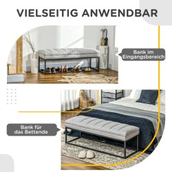 Eteispenkki teollistyylinen pehmustettu kangaspenkki metallijaloilla 120x44x45,5 cm vaaleanharmaa/musta