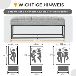 Eteispenkki teollistyylinen pehmustettu kangaspenkki metallijaloilla 120x44x45,5 cm vaaleanharmaa/musta