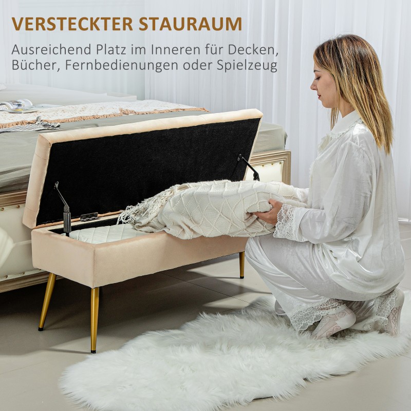 Säilytysrahi metallijaloilla, samettipintainen istuin, 102 x 35 x 43 cm, beige