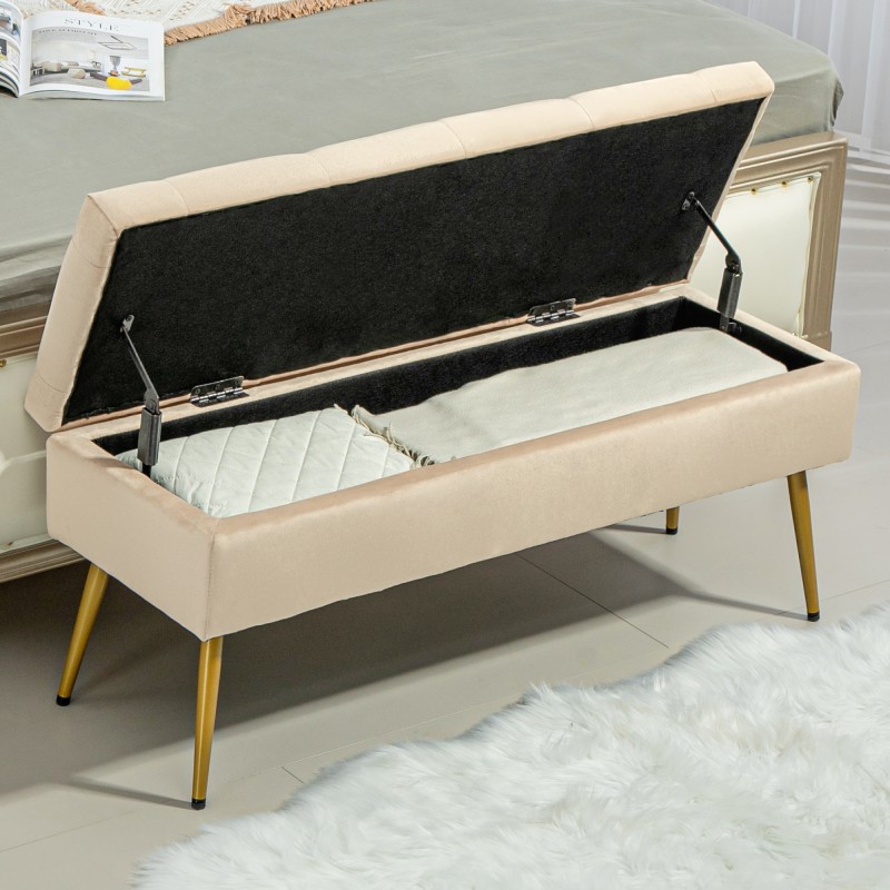 Säilytysrahi metallijaloilla, samettipintainen istuin, 102 x 35 x 43 cm, beige