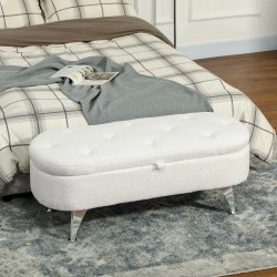 Säilytyspenkki olohuoneeseen ja makuuhuoneeseen, teddysametti, metallijalat, 114 x 47 x 46,5 cm, valkoinen