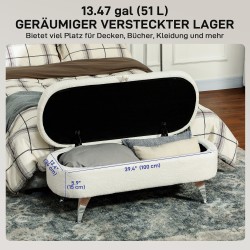 Säilytyspenkki olohuoneeseen ja makuuhuoneeseen, teddysametti, metallijalat, 114 x 47 x 46,5 cm, valkoinen