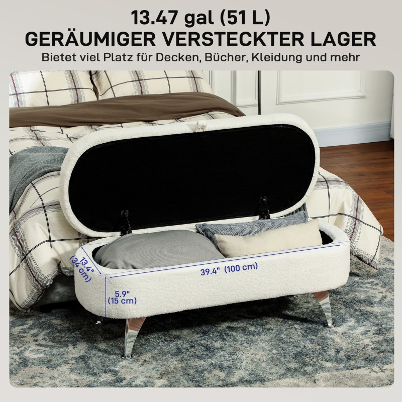 Säilytyspenkki olohuoneeseen ja makuuhuoneeseen, teddysametti, metallijalat, 114 x 47 x 46,5 cm, valkoinen