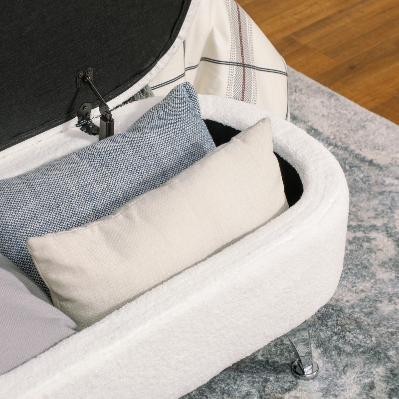 Säilytyspenkki olohuoneeseen ja makuuhuoneeseen, teddysametti, metallijalat, 114 x 47 x 46,5 cm, valkoinen