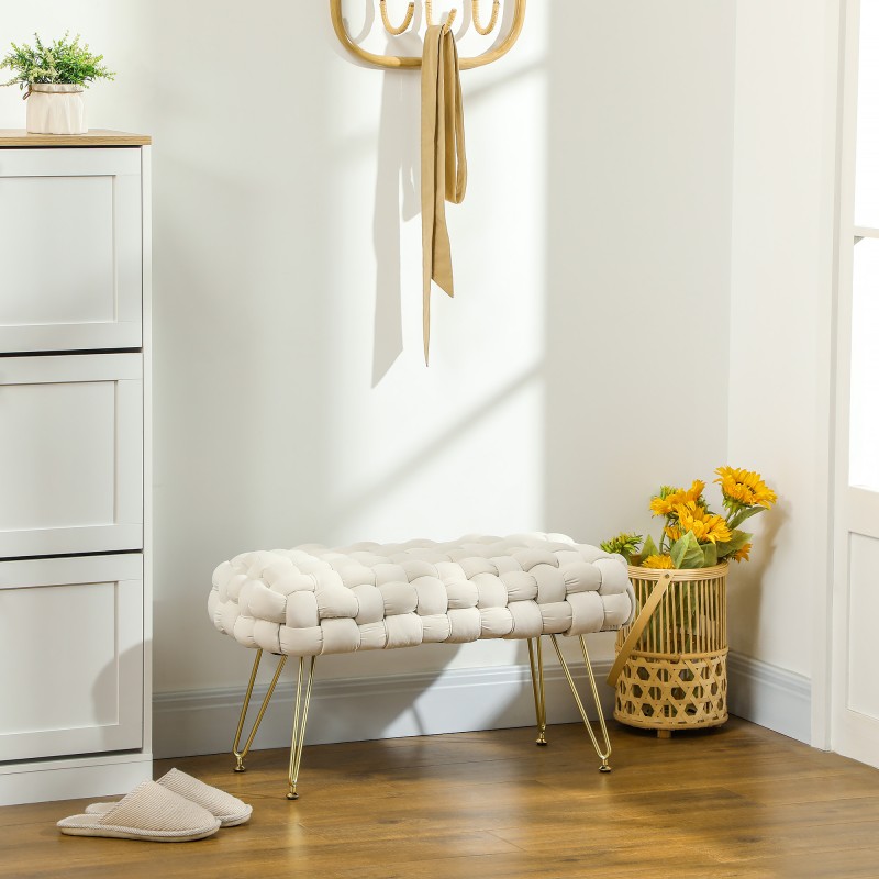 Säilytysrahi / jalkarahi olohuoneeseen, makuuhuoneeseen ja eteiseen, metallijalat, samettimainen verhoilu, kermanvalkoinen