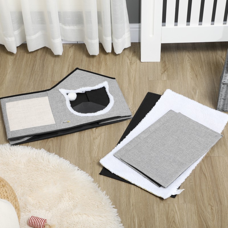 Kissan talo raapimispinnalla ja lelupallolla, MDF/sisal, 65 x 41 x 45,5 cm, harmaa/kermanvalkoinen