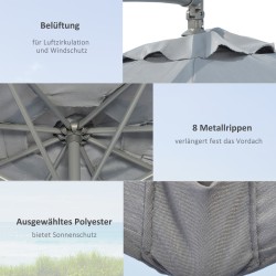 Sivuvartinen terassivarjo ristijalalla, metalli/polyesteri, 292 x 247 cm, harmaa