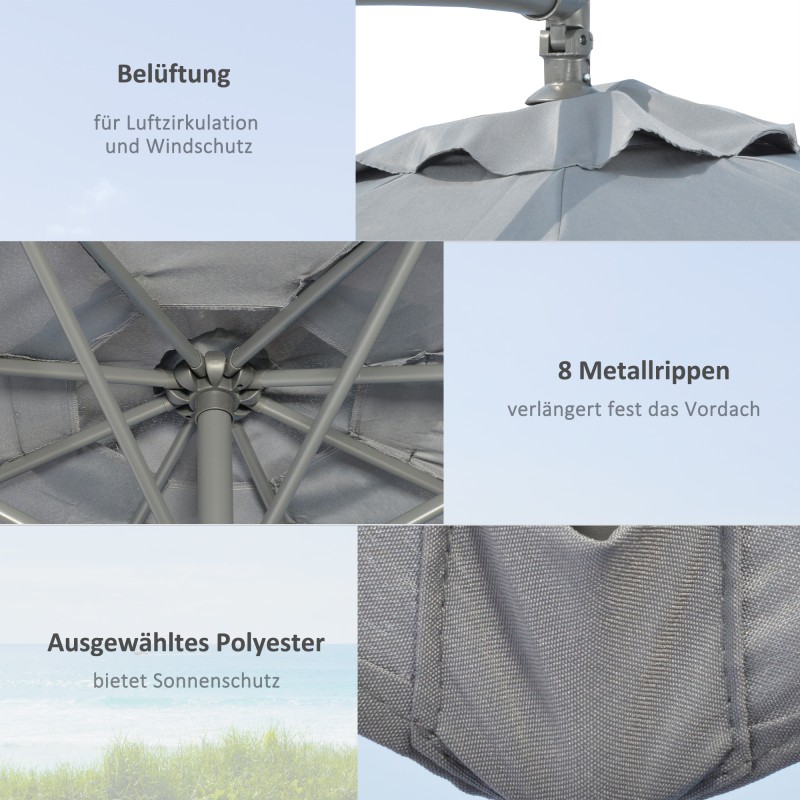 Sivuvartinen terassivarjo ristijalalla, metalli/polyesteri, 292 x 247 cm, harmaa