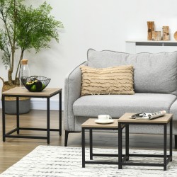 Sohvapöytäsarja 3 osaa, teollinen tyyli, lastulevy ja musta teräs, puunsävy, 45/40/34 cm