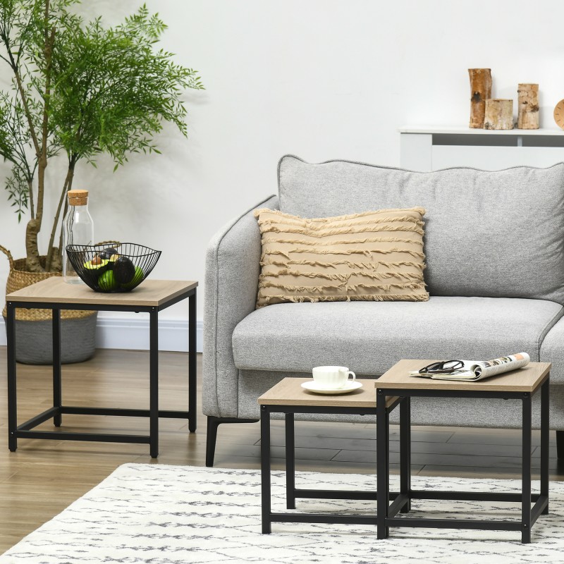 Sohvapöytäsarja 3 osaa, teollinen tyyli, lastulevy ja musta teräs, puunsävy, 45/40/34 cm