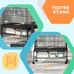 Lintuhäkki pienille linnuille terästä 97 x 58 x 160 cm, musta, orret ja lelut mukana