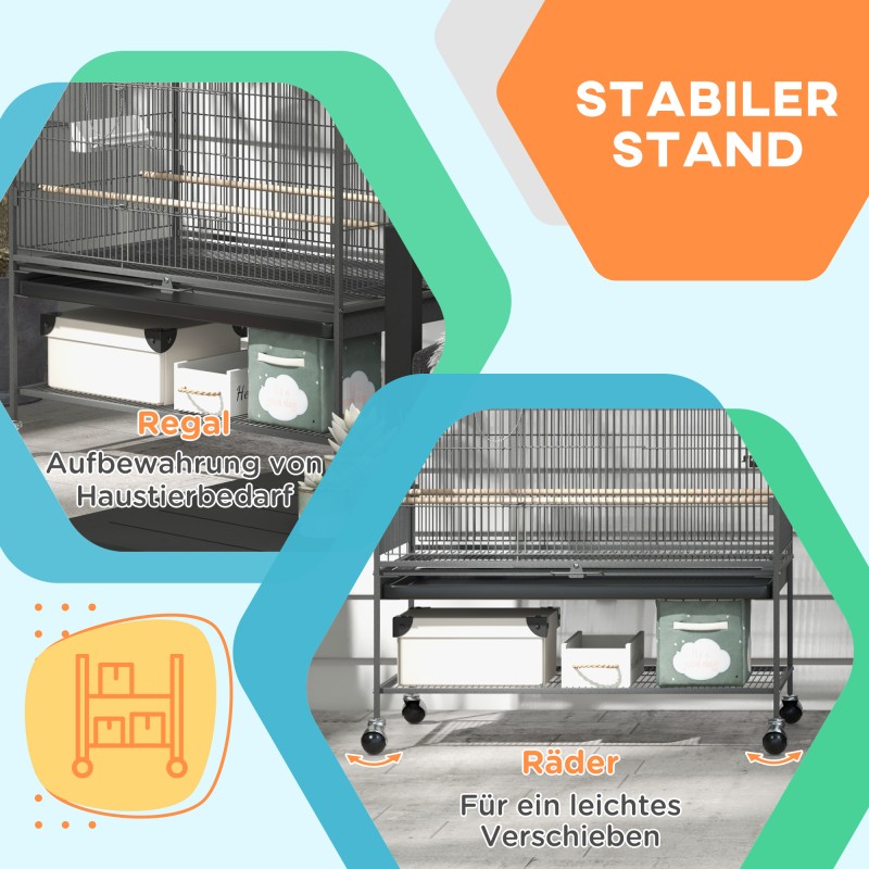 Lintuhäkki pienille linnuille telineellä, orret ja lelut, teräs, 94 x 57 x 153 cm, harmaa