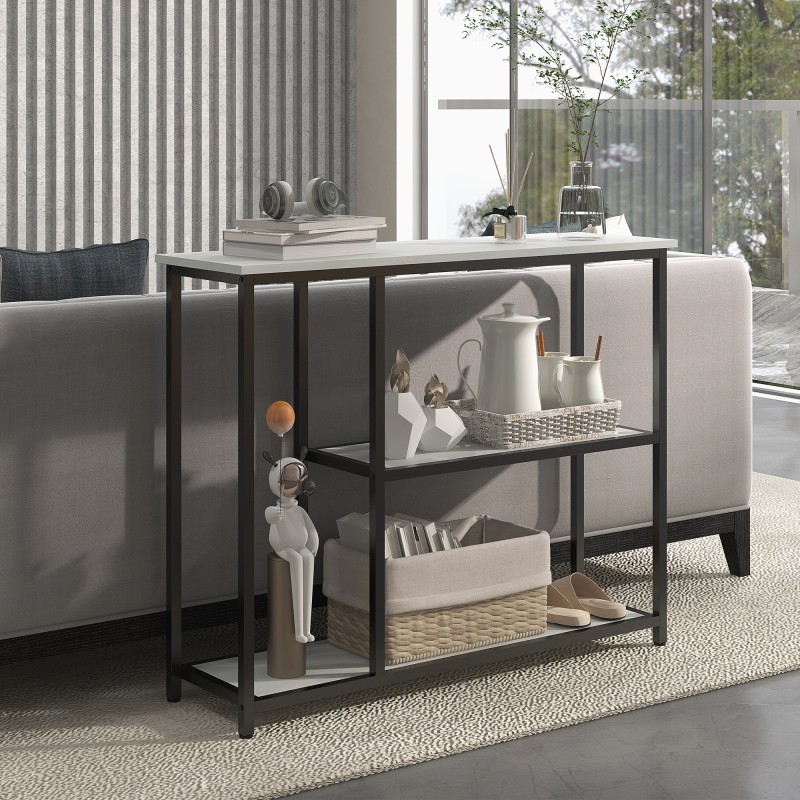 Sivupöytä / konsolipöytä, 3 tasoa, teräs ja lastulevy, 100 x 30 x 80 cm, marmori-look valkoinen/musta