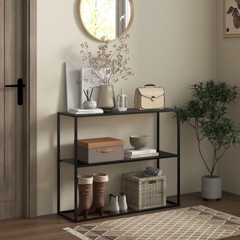 Metallinen konsolipöytä / sivupöytä, 2 tasoa, teräs, 90 x 30 x 75 cm, musta