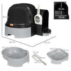 Kissan hiekkalaatikko kannella, 2 ulosvedettävää pohjalaatikkoa, lapio, 52 x 60 x 42 cm, harmaa/musta