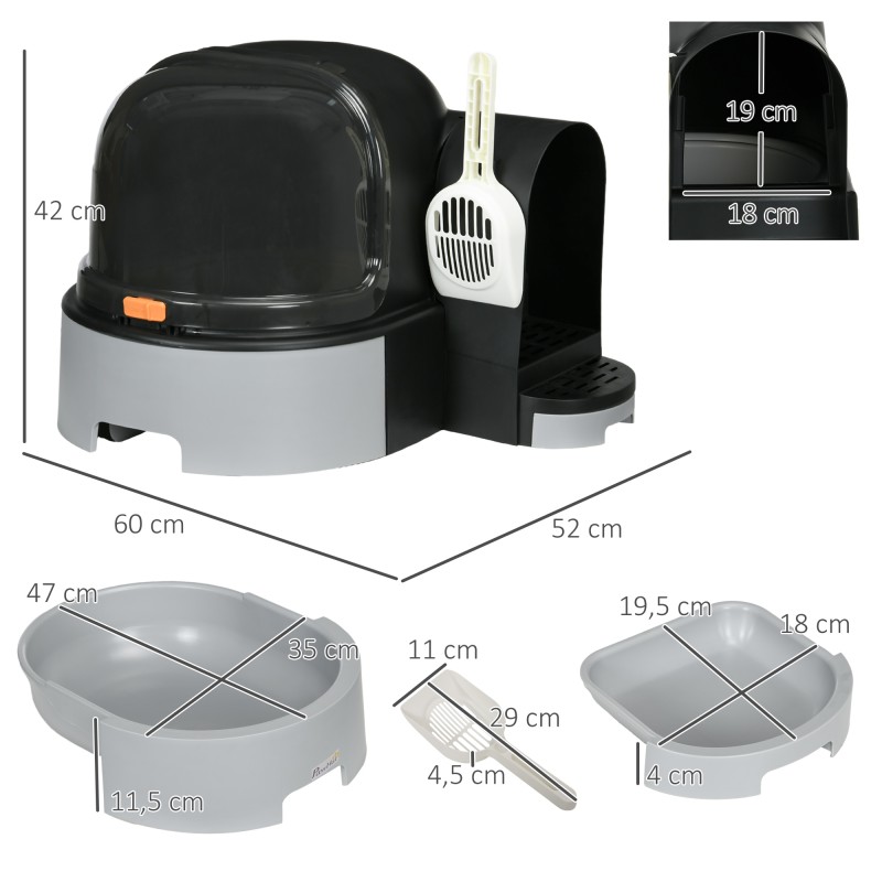 Kissan hiekkalaatikko kannella, 2 ulosvedettävää pohjalaatikkoa, lapio, 52 x 60 x 42 cm, harmaa/musta