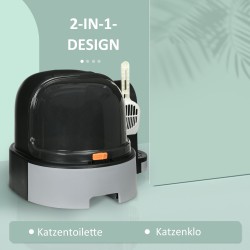 Kissan hiekkalaatikko kannella, 2 ulosvedettävää pohjalaatikkoa, lapio, 52 x 60 x 42 cm, harmaa/musta