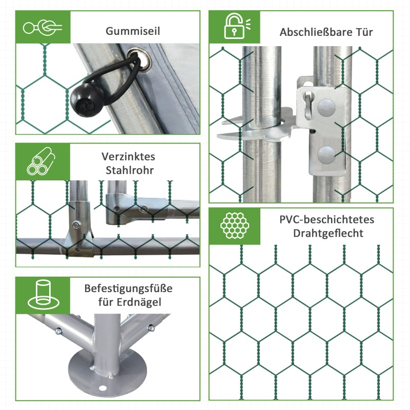 Kanatarha ulkokäyttöön 10–12 kanalle, sinkitty teräs, katos, 280 x 380 x 195 cm, harmaa