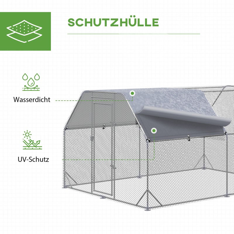 Kanatarha ulkokäyttöön 10–12 kanalle, sinkitty teräs, katos, 280 x 380 x 195 cm, harmaa