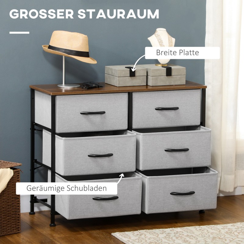 Lipasto 6 kangaslaatikolla, teräsrunko ja MDF-kansi, 80 x 30 x 62,5 cm, ruskea/musta/harmaa