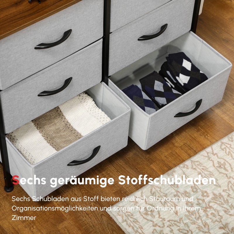 Lipasto 6 kangaslaatikolla, teräsrunko ja MDF-kansi, 80 x 30 x 62,5 cm, ruskea/musta/harmaa