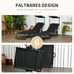 Aurinkotuoli ulkokäyttöön, taitettava lepotuoli säädettävällä selkänojalla ja aurinkokatoksella, 2 kpl, musta
