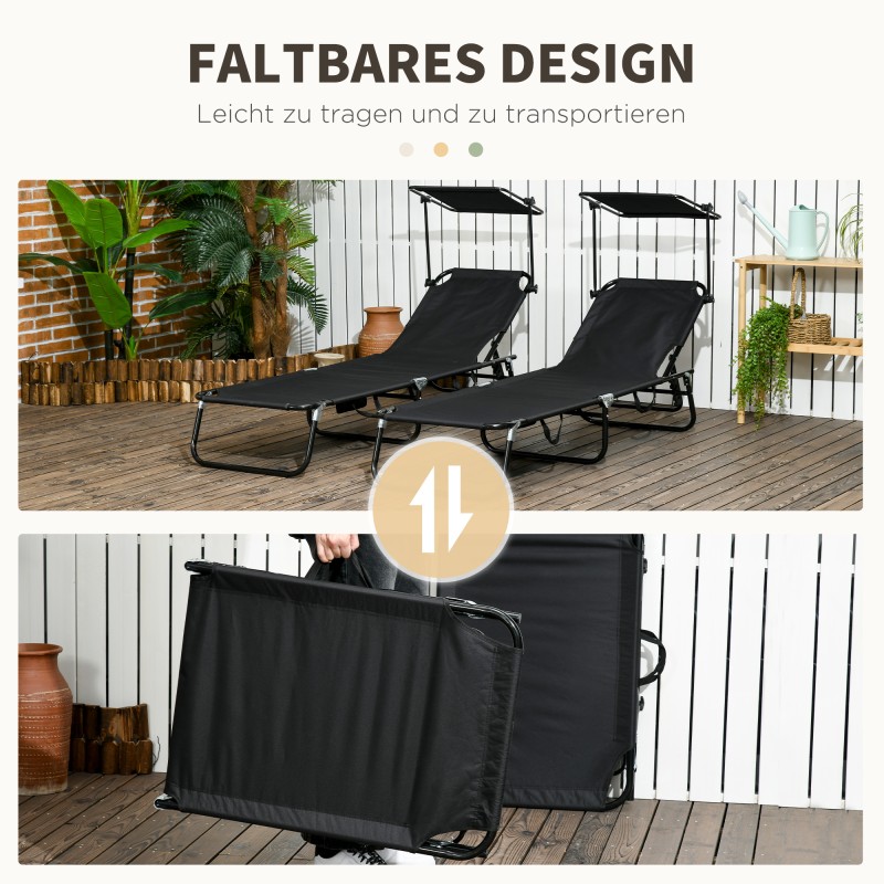 Aurinkotuoli ulkokäyttöön, taitettava lepotuoli säädettävällä selkänojalla ja aurinkokatoksella, 2 kpl, musta