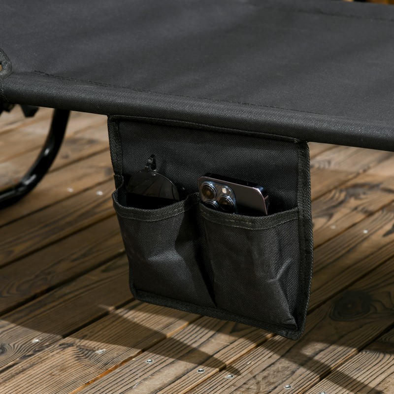 Aurinkotuoli ulkokäyttöön, taitettava lepotuoli säädettävällä selkänojalla ja aurinkokatoksella, 2 kpl, musta