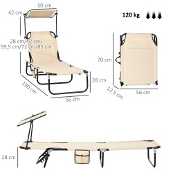 2 kpl taitettava aurinkotuoli puutarhaan, säädettävä selkänoja ja aurinkosuoja, ruskea