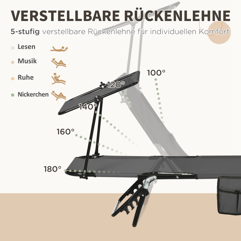 Taitettava aurinkotuoli puutarhaan 2 kpl, säädettävä selkänoja ja aurinkosuoja, tummanharmaa