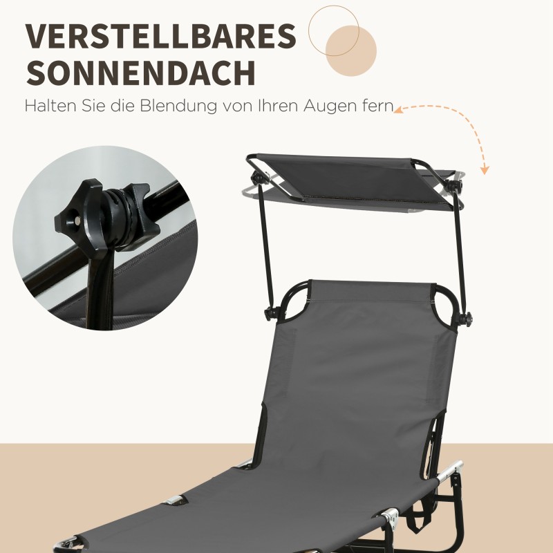 Taitettava aurinkotuoli puutarhaan 2 kpl, säädettävä selkänoja ja aurinkosuoja, tummanharmaa