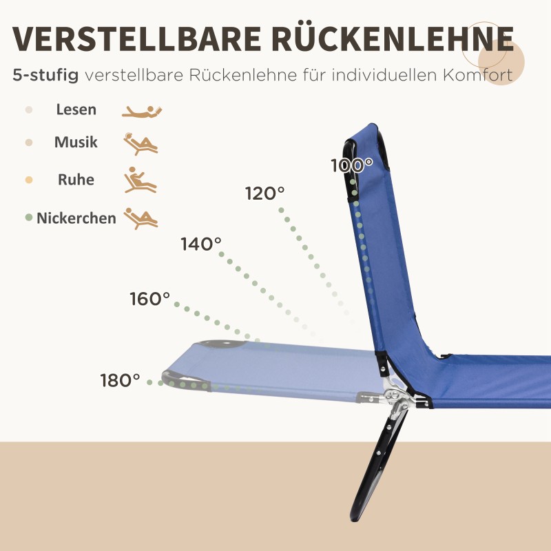 Taitettava aurinkotuoli puutarhaan 2 kpl, teräsrunko, 5-asentoinen selkänoja, sininen/musta, 120 kg