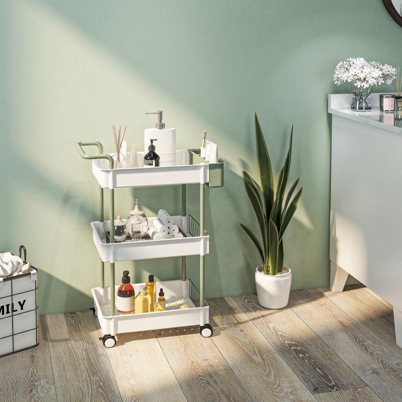 Säilytysvaunu 3-tasoinen metallirunko ripustettavalla laatikolla 50 x 29,4 x 77 cm valkoinen