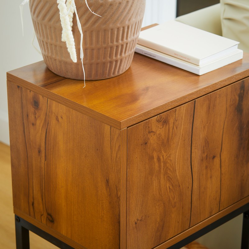 Sivupöytä kaapilla, teollistyylinen, lastulevy ja teräs, 40 x 30 x 76 cm, luonnonpuu + musta