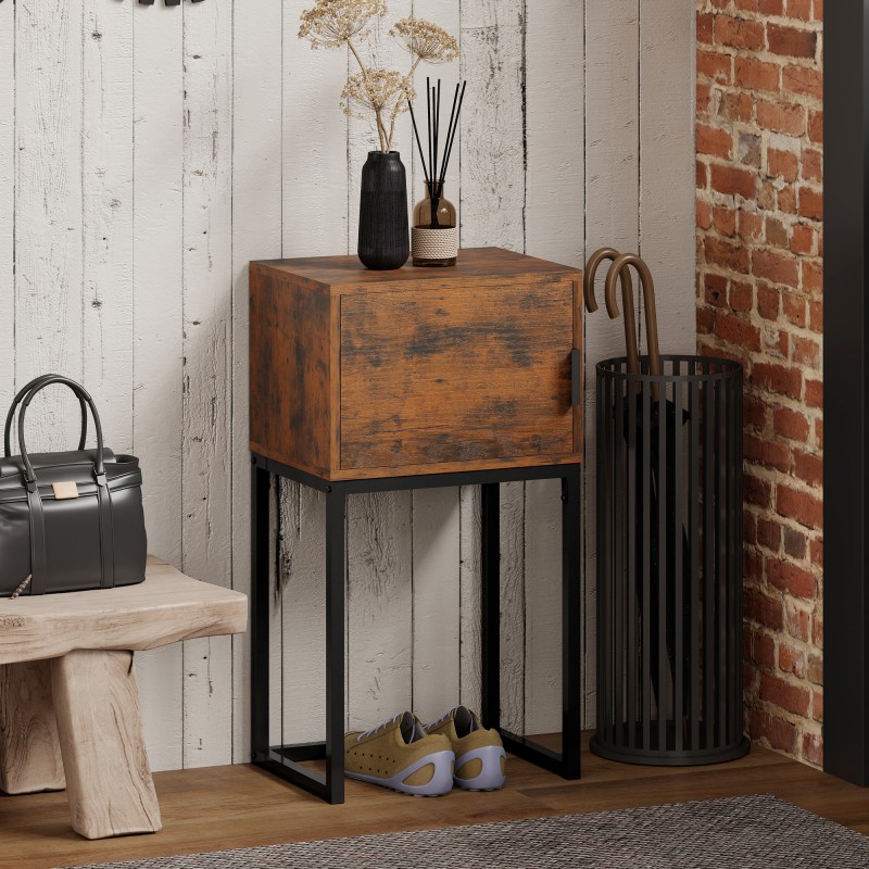 Kapea konsolipöytä kaapilla eteiseen, teollinen tyyli, lastulevy ja teräs, 40x30x76 cm, ruskea/musta