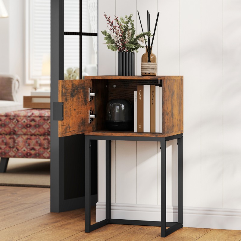 Kapea konsolipöytä kaapilla eteiseen, teollinen tyyli, lastulevy ja teräs, 40x30x76 cm, ruskea/musta