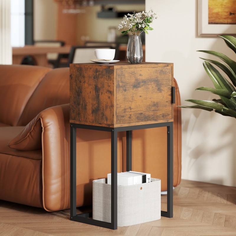 Kapea konsolipöytä kaapilla eteiseen, teollinen tyyli, lastulevy ja teräs, 40x30x76 cm, ruskea/musta