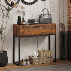 Kapea konsolipöytä laatikolla, teollinen tyyli, lastulevy ja teräs, 80x30x76 cm, ruskea/musta