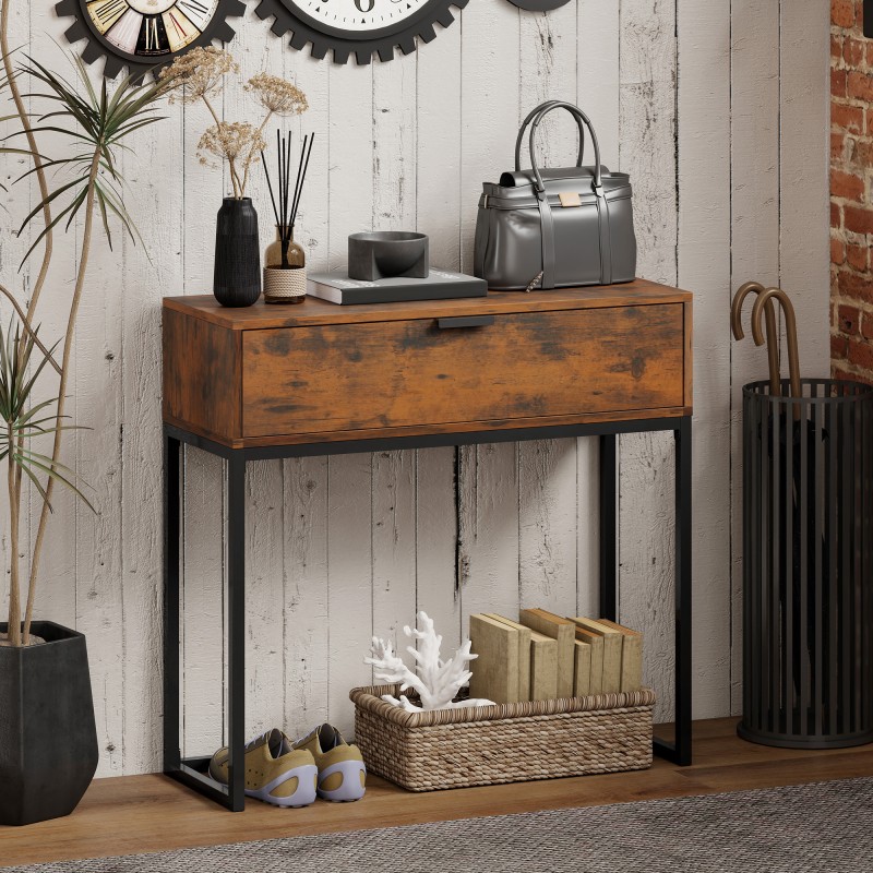 Kapea konsolipöytä laatikolla, teollinen tyyli, lastulevy ja teräs, 80x30x76 cm, ruskea/musta