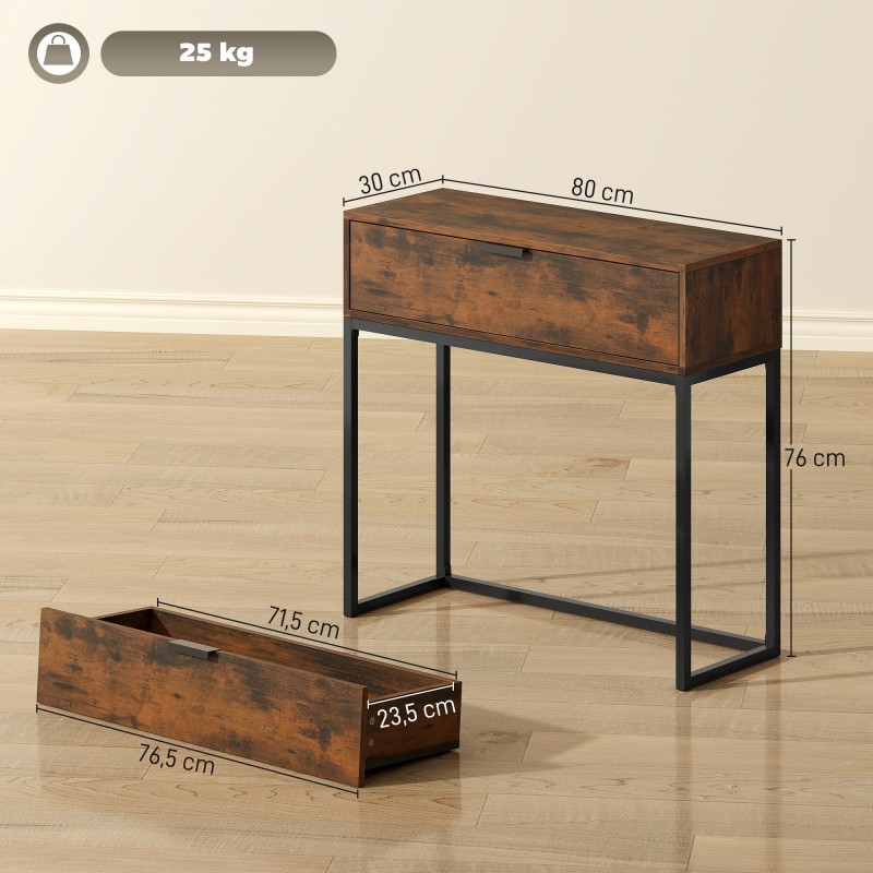 Kapea konsolipöytä laatikolla, teollinen tyyli, lastulevy ja teräs, 80x30x76 cm, ruskea/musta