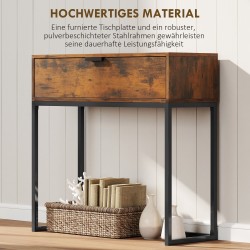 Kapea konsolipöytä laatikolla, teollinen tyyli, lastulevy ja teräs, 80x30x76 cm, ruskea/musta