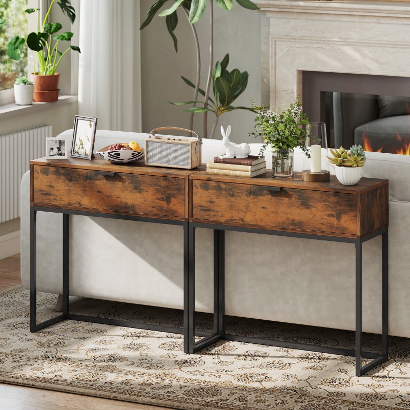 Kapea konsolipöytä laatikolla, teollinen tyyli, lastulevy ja teräs, 80x30x76 cm, ruskea/musta