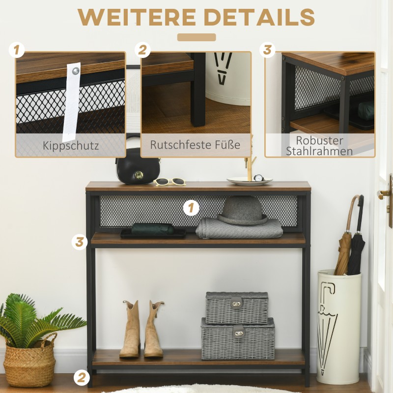 Sivupöytä konsolipöytä eteiseen, lastulevy ja metallirunko, 100 x 29,5 x 90 cm, ruskea/musta