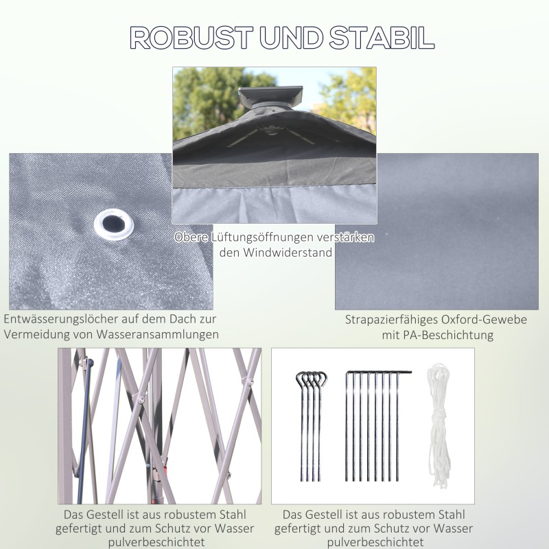 Kokoontaitettava puutarhapaviljonki LED-valoilla 3,3 x 3,3 m harmaa mesh-sivuverhoilla ja kuljetuslaukulla