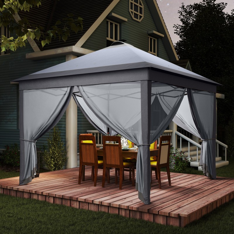 Kokoontaitettava puutarhapaviljonki LED-valoilla 3,3 x 3,3 m harmaa mesh-sivuverhoilla ja kuljetuslaukulla
