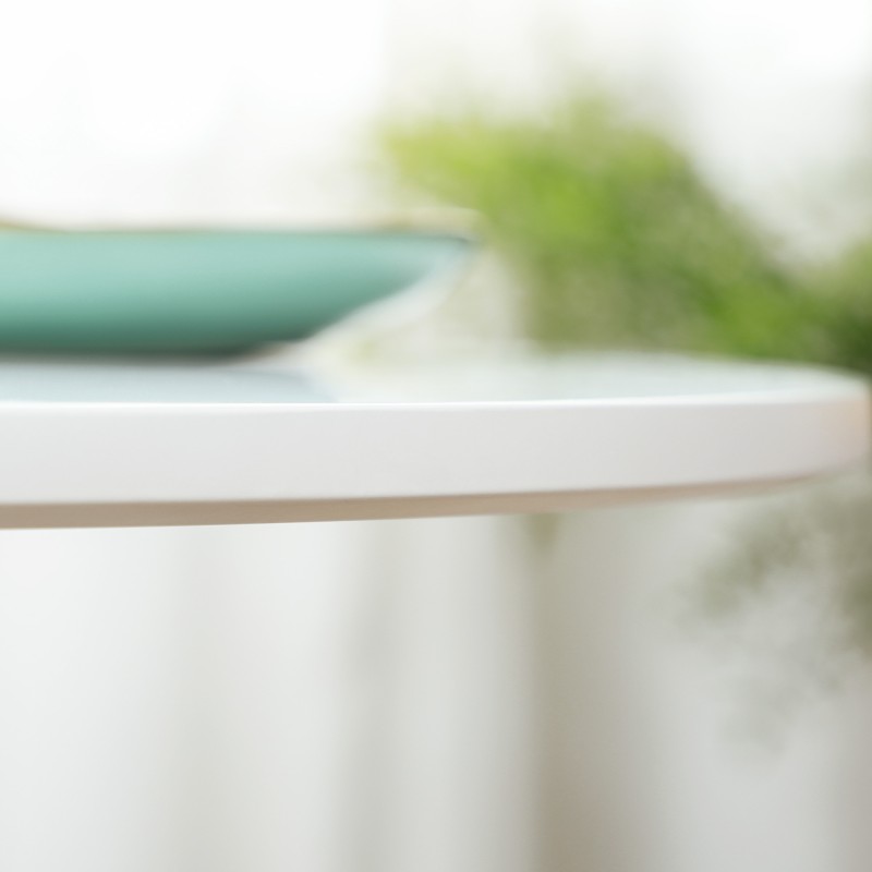 Pieni pyöreä ruokapöytä 2 hengelle, MDF-levy ja teräsjalka, Ø70 x 75 cm, valkoinen