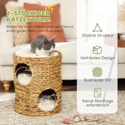 Kissan raapimisputki kahdella pesällä ja kattopedillä, vesihyasinttia, Ø40 x 50 cm, vaaleanruskea