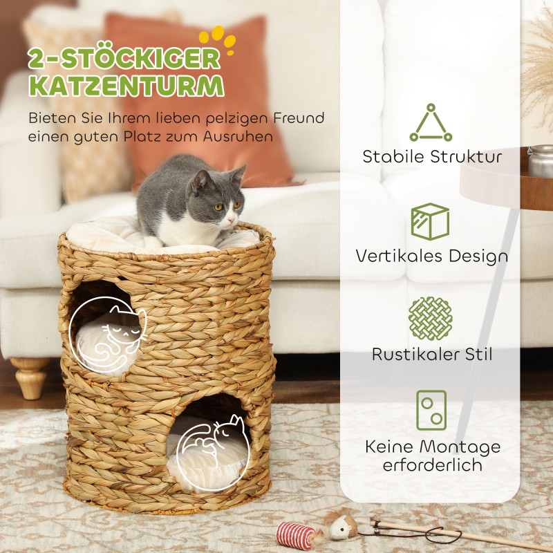 Kissan raapimisputki kahdella pesällä ja kattopedillä, vesihyasinttia, Ø40 x 50 cm, vaaleanruskea